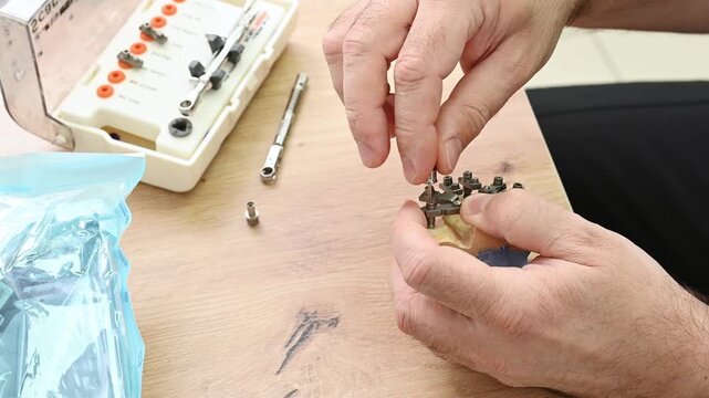 Top view Close-up of a doctor&rsquo;s hands tightening a dental implant component with a surgical instrument, dental procedure, jaw model and implant placement.