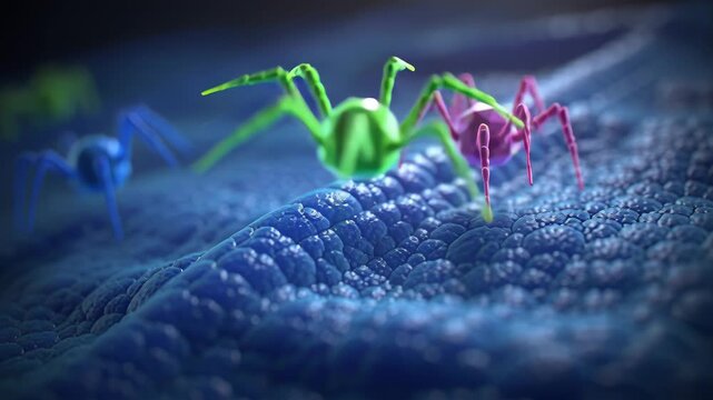Close-up of colorful 3D low-poly spider-like nanobots or microorganisms crawling on an organic cellular surface.
