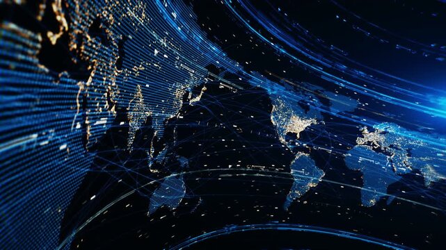News World map. Global rotating earth map in shades of blue with network connections. Video in loop.