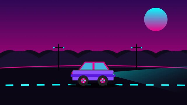 Cartoon Car Driving For Holiday Vacations Loop Animated Cyberpunk Violet Coupe Drifting Neon Grid Night HD 16to9