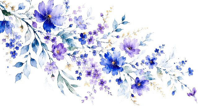 Watercolor blue flowers and leaves arrangement isolated on white background