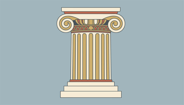 Classical greek architectural column in ionic style with golden and red decorative details on a solid background.