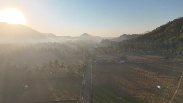 Beautiful golden sunrise over misty rice fields and coconut palm trees with mountain background in Dusun Tempos Desa Banyu Urip Gerung Lombok NTB Indonesia