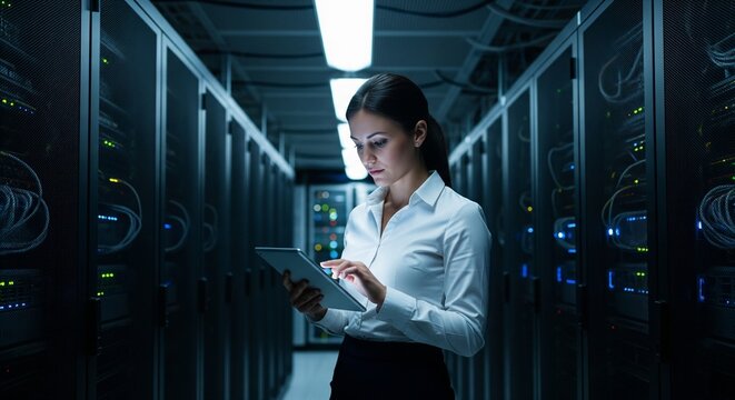 Focused businesswoman in white shirt and dark skirt uses tablet in a server room with racks