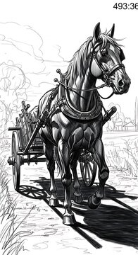 Horse pulling a vintage wooden cart on a rural road illustration