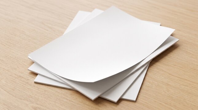 Stack of blank white paper sheets on a wooden desk surface, clean and minimalist design