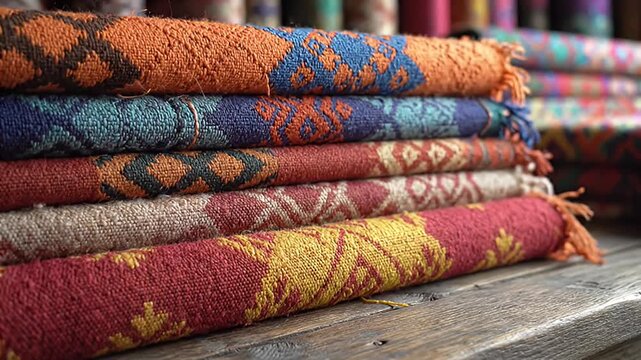 Pile of colorful woven textiles with geometric patterns and frayed edges, stacked on a rustic wooden