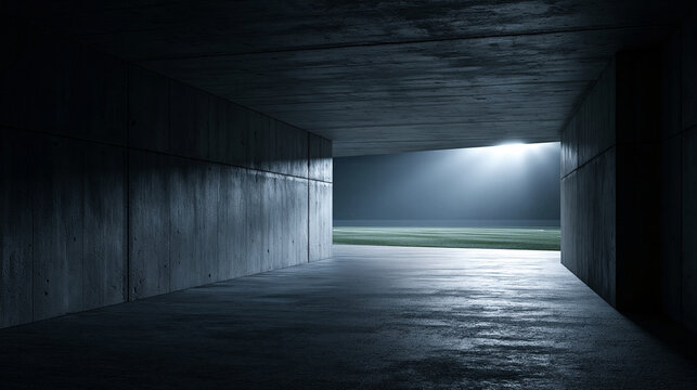 Concrete stadium tunnel entrance looking out onto illuminated sports field under bright floodlights at night.