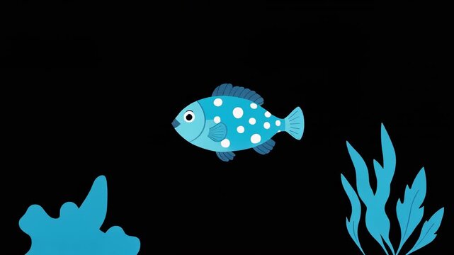 Small blue fish swim gracefully past underwater plants in a seamless dark scene