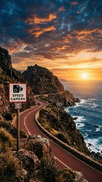 Coastal Scenic Drive With Speed Camera Sign At Sunset