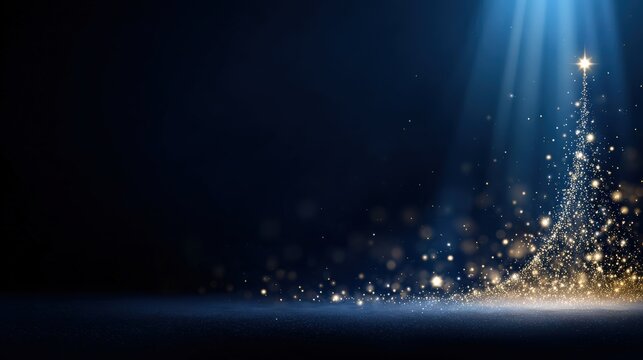 Sparkling golden particles rise and swirl dramatically from a dark stage, illuminated by a powerful beam of blue light. ..Created with Generative AI, not depicting real subjects.
