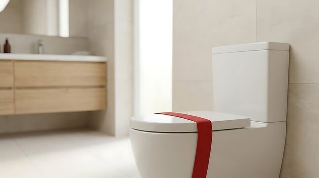 A clean modern bathroom with a white toilet featuring a red security seal band to signify it is out of service or don't flush for maintenance needs.