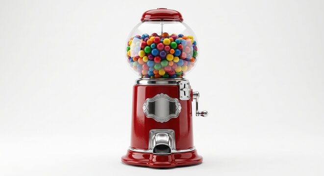 Classic red vintage gumball machine filled with colorful round candies, isolated on a white background. Retro sweet dispenser mockup.