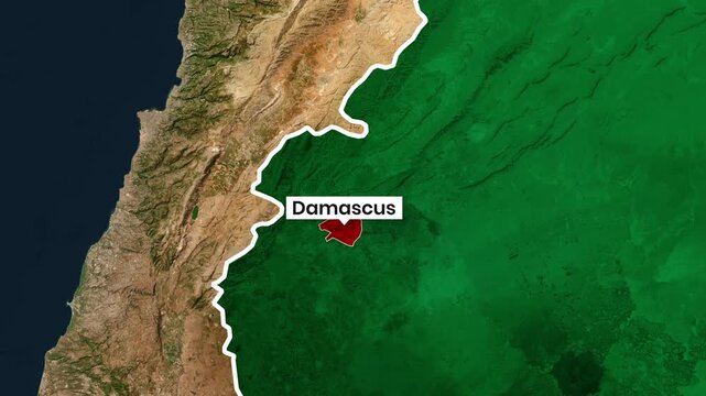 Satellite map identifying damascus syria with animation overlay footage