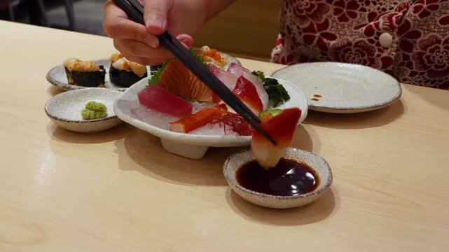 Mixed premium sashimi bowl including salmon, tuna, hamachi and tamago on ice