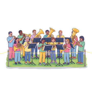 Diverse group of musicians playing brass instruments in a band