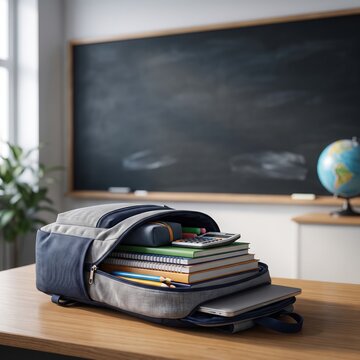 Open school backpack filled with notebooks, books, stationery, and a laptop on a wooden desk. Blurred chalkboard and globe in a bright classroom background.