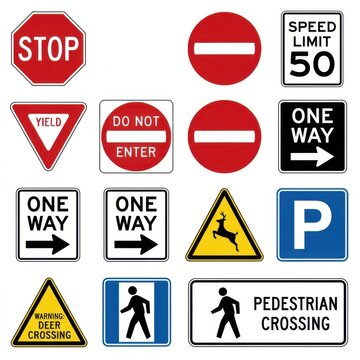 Collection Of Traffic Signs And Road Safety Symbols For Guidance And Regulation