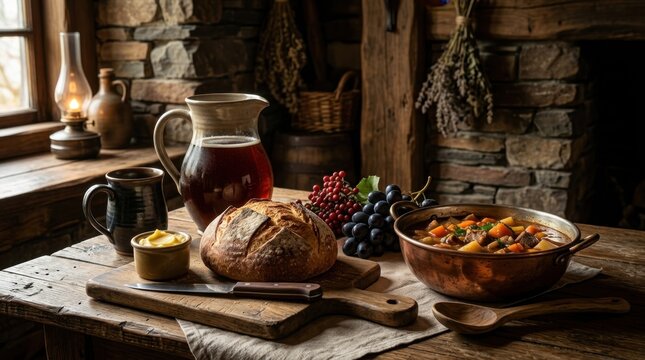 Rustic medieval feast with hearty vegetable stew, crusty bread, and dark ale on a vintage wooden table