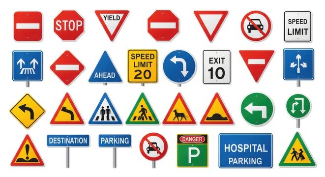 Collection Of Diverse Road Safety Traffic Signs And Symbols Set