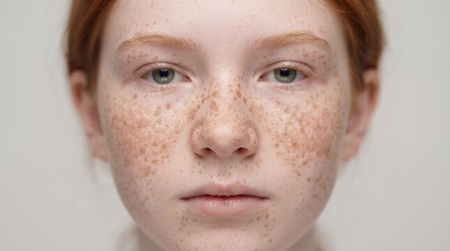 Extreme close up of young female face showing details of natural brown freckles