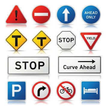 Collection Of Various Road Traffic Signs And Symbols On A White Background