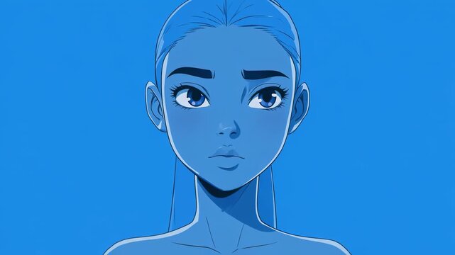 Animated woman's face showing multiple emotions with subtle head turns against a blue background