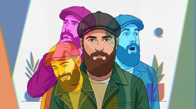 Stylized pop art portrait of a bearded man with flat cap, colorful layered character illustration, creative male avatar design