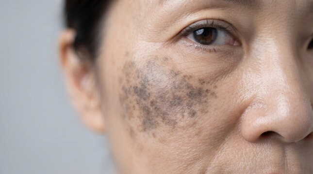 Close Up of Woman Cheek Skin with Dark Melasma and Sun Damage Hyperpigmentation