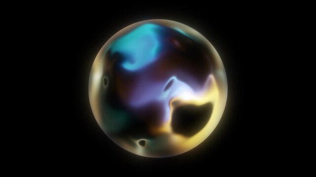 Abstract acidic liquid 3D sphere shifts through crystal blue and deep bronze tones. Science orb glows with holographic technology. Bright colored planet on black background, seamless loop.