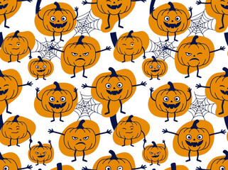 Fototapeta premium Cute Halloween seamless pattern with expressive cartoon pumpkins and spider webs