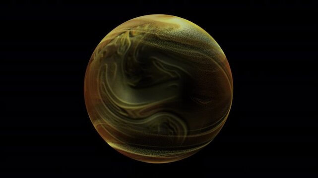 Golden Swirling Orb with Shimmering yellow Dust. Abstract Fluid Plasma Sphere Features Metallic Stardust, Radiant Energy Waves, and Mystical Glowing Light on a Deep Black Background.