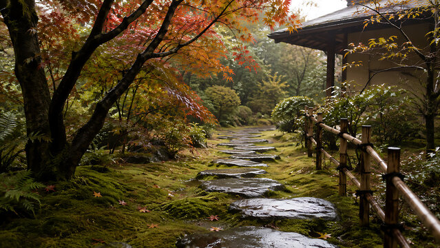 紅葉したモミジに囲まれた日本庭園の石畳の小道