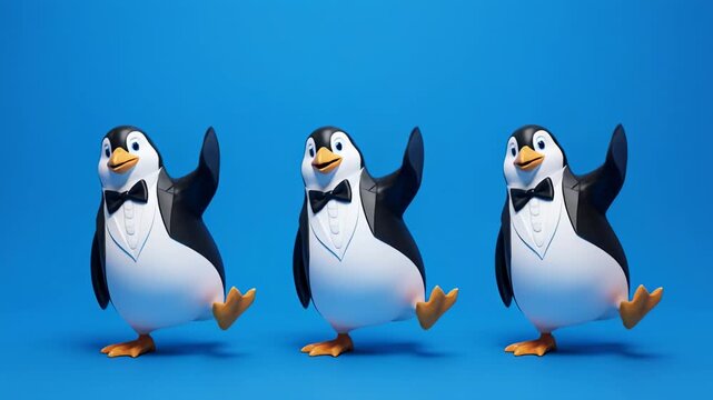 Charming penguin character dancing with joyful motion against a vibrant blue backdrop