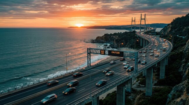 Coastal Highway Bridge Traffic At Sunset