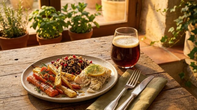 Delicious Roasted Fish with Glazed Carrots and Wild Rice Served with Dark Beer on a Rustic Table