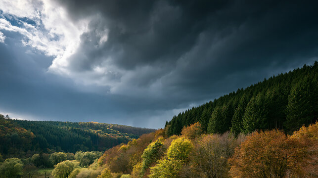 Dark storm clouds gathering over autumn forest hills with yellow and green trees.