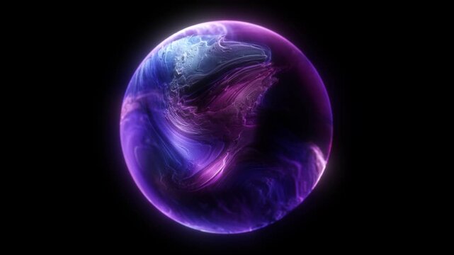 Violet glowing energy sphere on black background. Neon holographic gradient rim shows subtle flowing light distortion. Abstract futuristic plasma orb with soft luminous edges and depth, seamless loop.