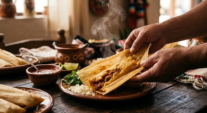 Person preparing a steaming tamale wrapped in corn husk at a rustic table. Traditional Latin American cuisine, homemade cooking, festive food preparation and cultural heritage concept.