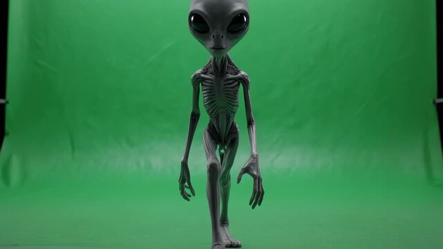 Alien creature walking in a green studio with cinematic motion and subtle lighting effects