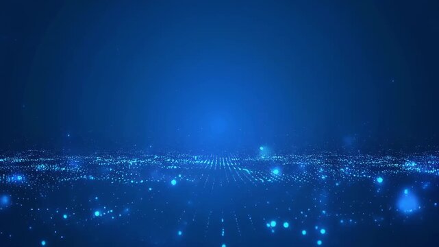 Abstract digital particles float across a glowing blue network landscape during a smooth camera flyover