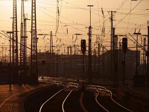 Train station with many wires and lights
