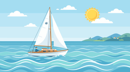 Naklejka premium Flat vector illustration of a sailboat sailing on blue ocean waves under a bright sun and clear sky near green coastal hills