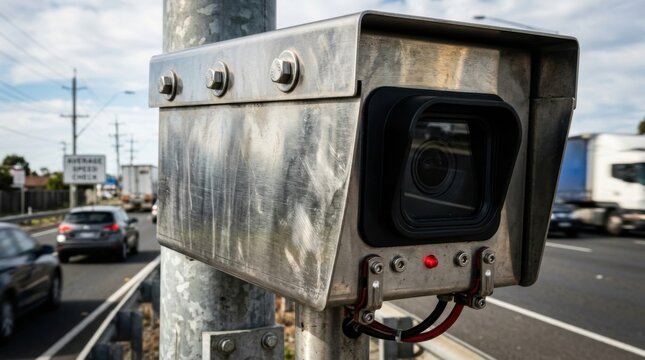 Close Up Of A Digital Speed Camera Monitoring Traffic On A Busy Highway