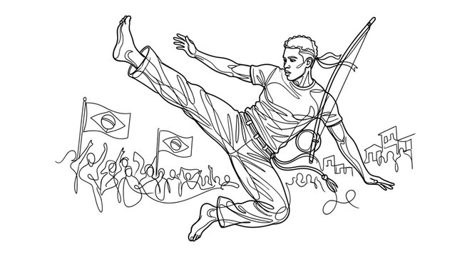 Continuous Line Art of Capoeira Fighter Performing High Kick with Crowd and Berimbau