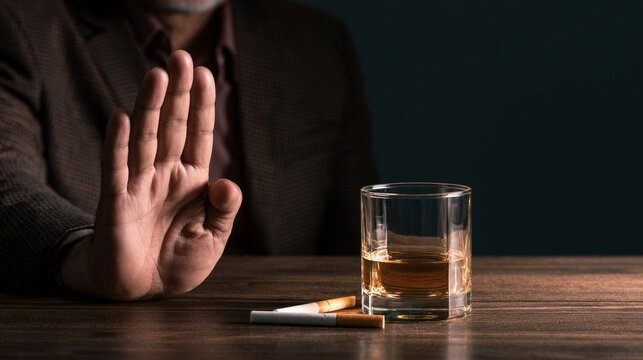 Man showing hand stop gesture to refuse cigarette and glass of whisky, saying no to alcohol and smoking, quitting nicotine addiction and promoting healthy lifestyle and lung cancer prevention