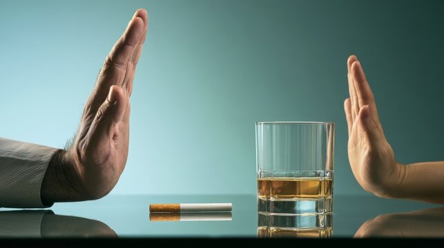 Man showing hand stop gesture to refuse cigarette and glass of whisky, saying no to alcohol and smoking, quitting nicotine addiction and promoting healthy lifestyle and lung cancer prevention