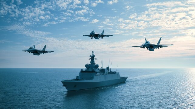 Naval warship sailing across open sea with military drones and three fighter jets flying overhead, modern naval fleet and air defense forces in a strategic maritime operation