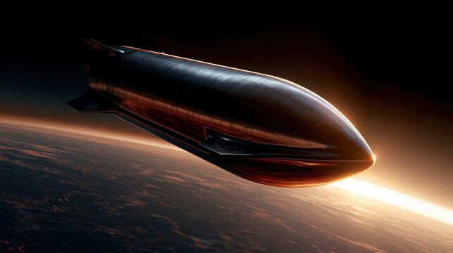 A futuristic spacecraft ascends into the vast expanse of space, with the curved horizon of Earth glowing below. ..Created with Generative AI, not depicting real subjects.