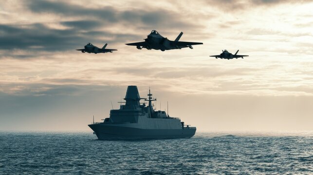 Naval warship sailing across open sea with military drones and three fighter jets flying overhead, modern naval fleet and air defense forces in a strategic maritime operation